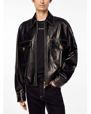 Versace Contrast Topstitching Nappa Leather Jacket - Black