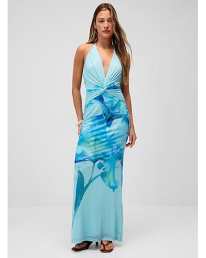 Twik Watercolour Flowers Mesh Halter Maxi Dress - Blue