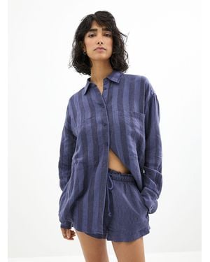 Left On Friday Loose Striped Linen Shirt - Blue