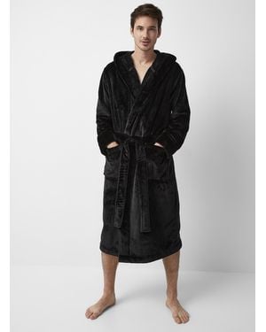 Le 31 Velvety Polar Fleece Hooded Robe - Black