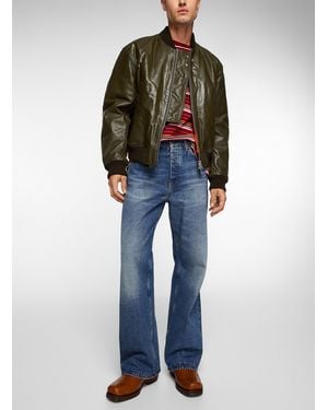 sunflower Olive Polished Leather Bomber Jacket - Blue