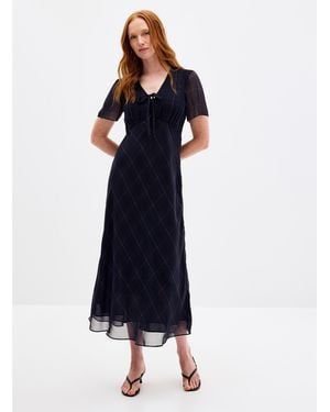 Contemporaine Checked Chiffon Dress With Bow Neckline - Blue