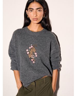 Icône Touch Of Wool Embroidered Oversized Sweater - Grey