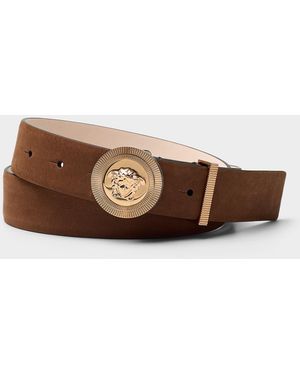 Versace Medusa Golden Buckle Suede Belt - Brown