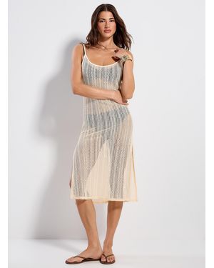 Simon's Fine Crochet Slit Dress - White