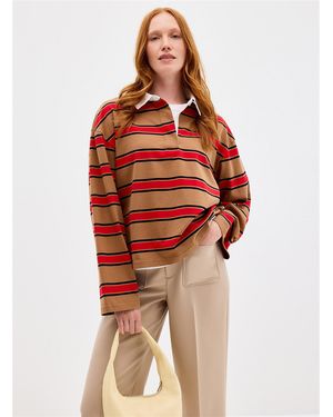 Contemporaine Poplin Collar Striped Polo Shirt - Red