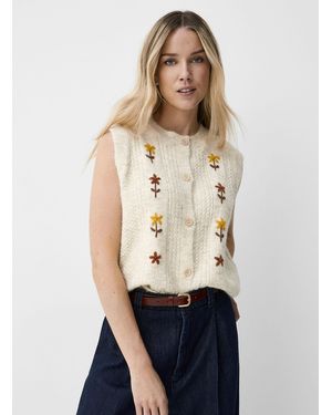 Contemporaine Floral Embroidery Twisted Plush Vest - Natural