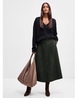 Contemporaine Green Herringbone Wool Skirt - Black
