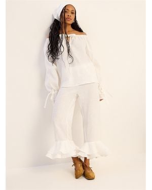 Sleeper 100% Linen Ruffled Lounge Pant With Scarf - Natural