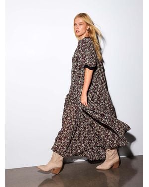 Free People Long Loose Sheer Ruffled Floral Chiffon Dress - Brown