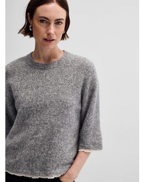 Cream Boxy Lace Trim Sweater - Grey