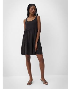 Ichi Pure Cotton Gauze Tiered Minidress - Black