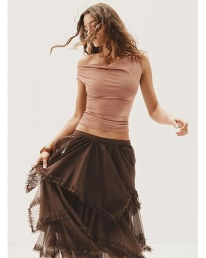 Icône Ruffled Asymmetrical Tier Midi Skirt - Brown