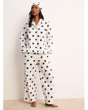 Desmond & Dempsey Black Dot Poplin Pyjama Set - Natural