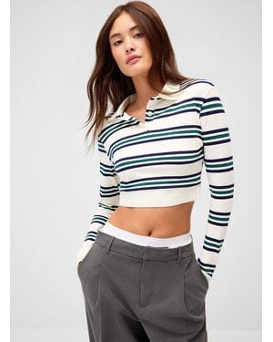 Twik Mixed Stripes Cropped Polo Shirt - Grey