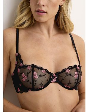 Fleur du Mal Embroidered Roses Black Sheer Balconette Bra
