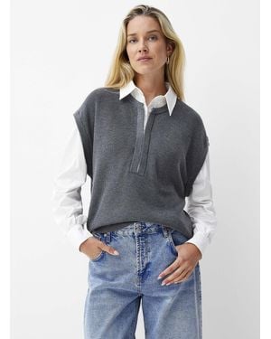 Contemporaine Shirt Insert Slit Collar Flowy Sweater - Gray