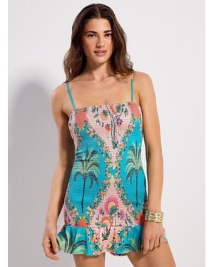 Maaji Palm Tree Print Smocked Minidress - Blue