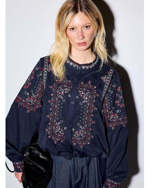 Icône Embroidery And Jewels Bubble Blouse - Blue