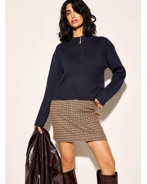 Ichi Buttoned Mock Neck Rib - Blue