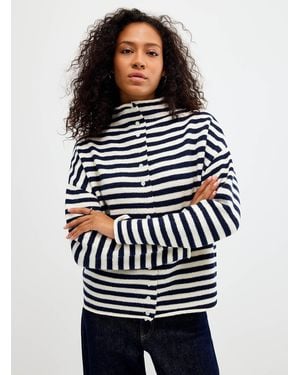 Contemporaine Striped Funnel Neck Cardigan - Blue