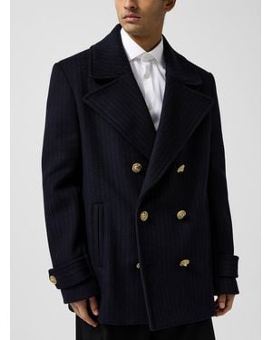 Balmain Lions Golden Buttons Pinstriped Peacoat - Blue