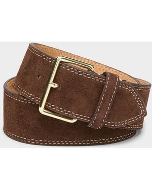 Simon's Rectangular Buckle Topstitched Wide Suede Belt - Brown