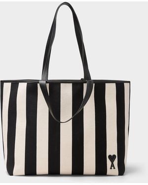 Ami Paris De Coeur Striped Cotton Tote Bag - Black