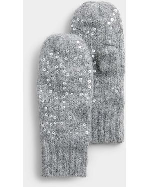 Simon's Sequined Stretch Knit Mittens - Grey