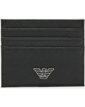 Emporio Armani Metallic Logo Textured Fabric Card Holder - Black