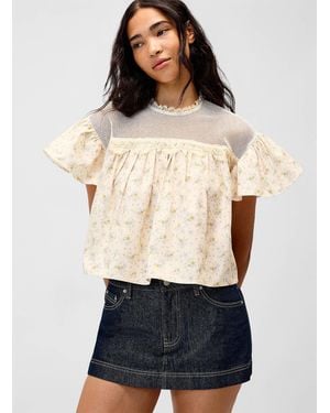 Twik Mesh Flowers Babydoll Blouse - White