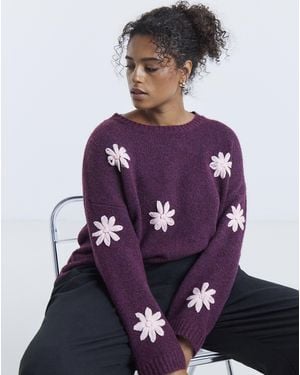 Simply Be Embroidered Floral Knitted Jumper - Purple