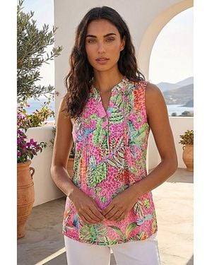 Roman Roman Tropical Leaf Print Pintuck Top - Brown
