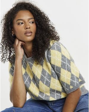 Simply Be Argyle Short Sleeve Jumper - Brown
