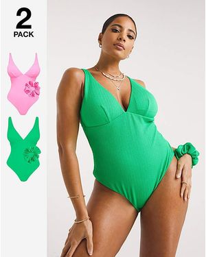 Simply Be 2 Pack Crinkle Swimsuits And Scrunchies - Green