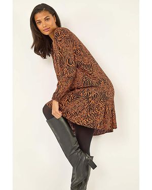 Roman Roman Animal Print Pintuck Smock Dress - Brown