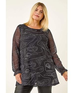 Roman Curve Swirl Print Stretch Top - Grey