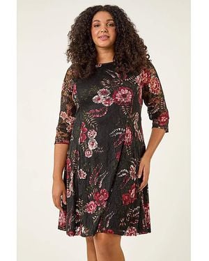 Roman Curve Floral Print Lace Dress - Red