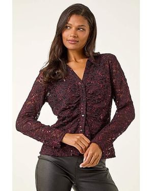 Roman Roman Sequin Lace Collared Blouse - Purple