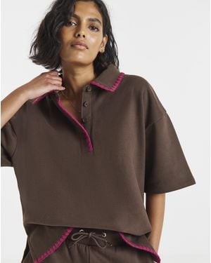 Simply Be Whipstitch Short Sleeve Polo Sweatshirt - Brown