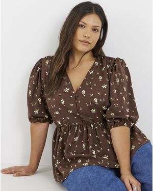 Simply Be Button Through Chocolate Peplum Blouse - Brown