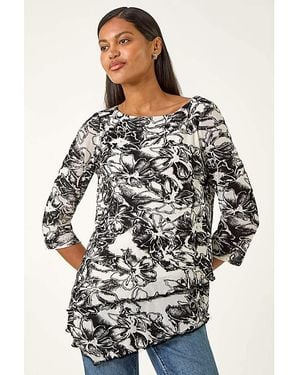 Roman Roman Flock Floral Asymmetric Hem Top - Grey