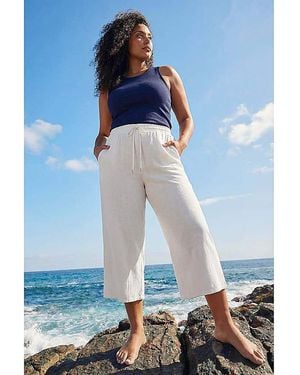Roman Curve Linen Blend Cropped Trousers - Blue