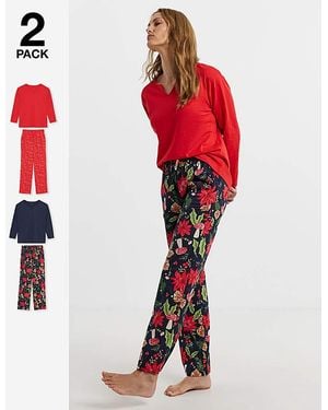 JD Williams Festive Print Cotton 2 Pack Pyjama Sets - Red