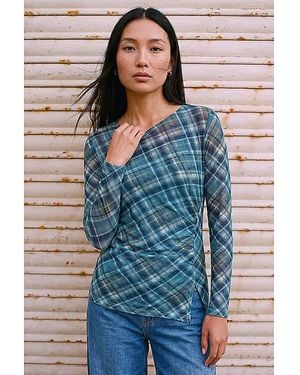 Roman Roman Check Mesh Print Gathered Top - Blue