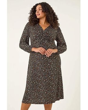 Roman Curve Spot Twist Stretch Dress - Black