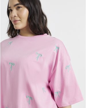 Simply Be Bow Embroidery T-Shirt - Pink
