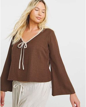 Simply Be Contrast Trim Tie Front Blouse - Brown