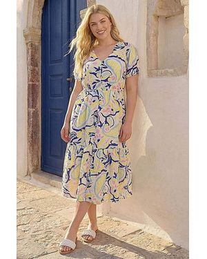Roman Curve Abstract Print Button Dress - Blue