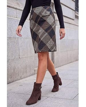 Roman Roman Button Check A-Line Skirt - Grey